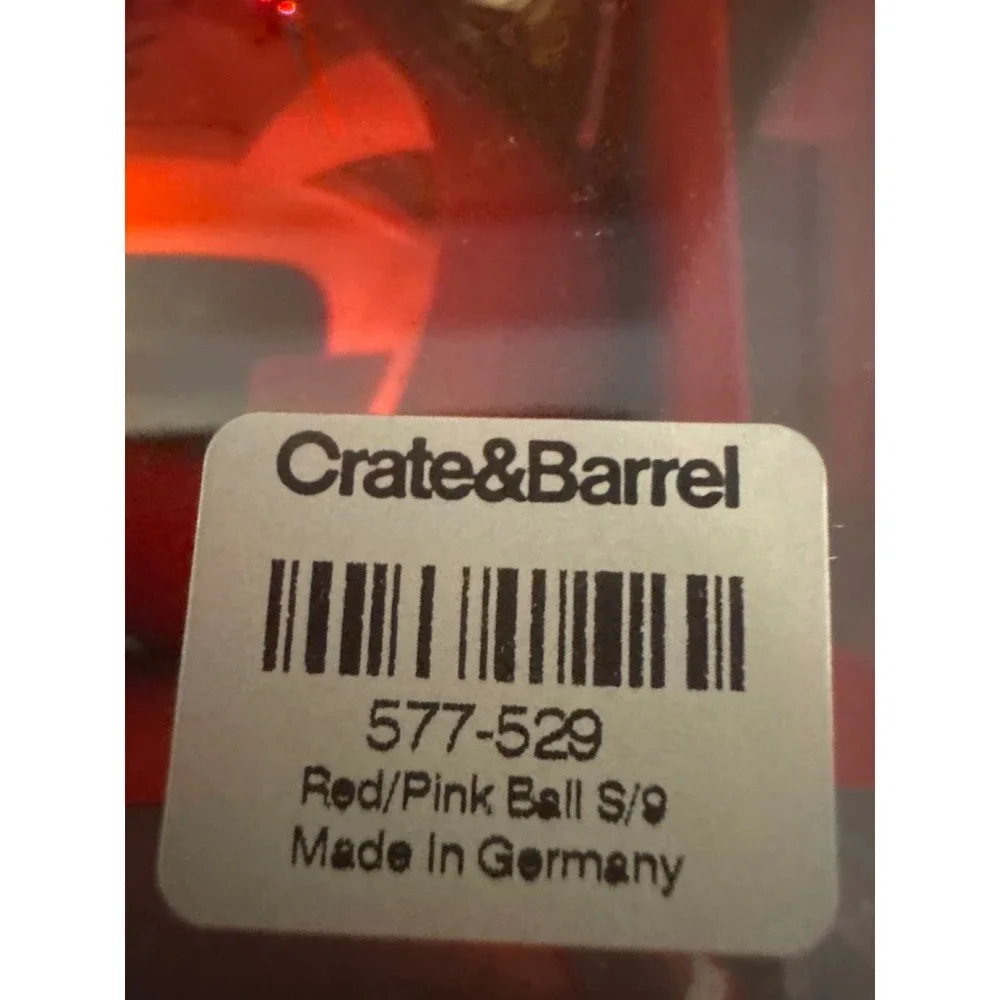 Crate & Barrel Red Pink Glass Ball Christmas Ornaments Set 9 Made in Germany